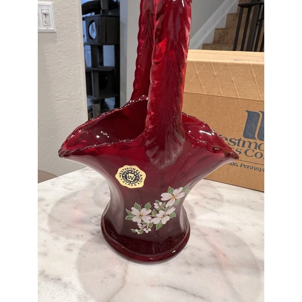 Westmoreland Ruby Red Glass Basket Hand Painted Dogwood Flowers Vintage with Box